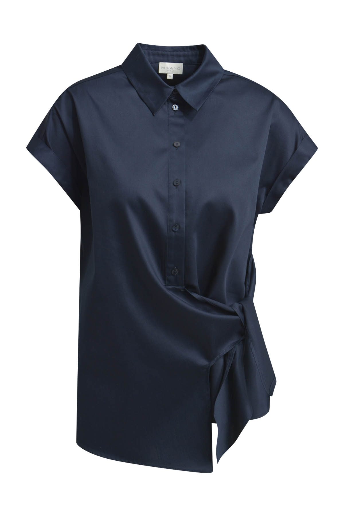 Blouse w collar and placket, sleeveless + knot detail
